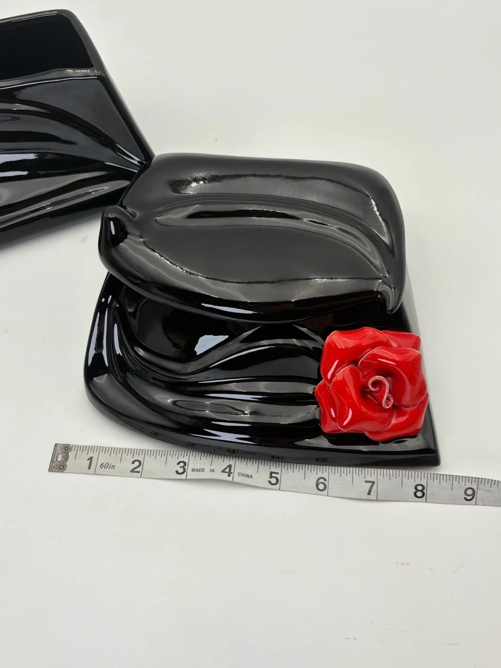 Art Deco Style Black Ceramic and Red Rose Lidded Box and Open Container